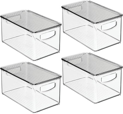 mDesign Plastic Deep Storage Bin Box Container with Lid and Built-In Handles - Organization for Fruit, Snacks, or Food in Kitchen Pantry, Cabinet, Cupboard, Ligne Collection, 4 Pack, Clear/Smoke Gray
