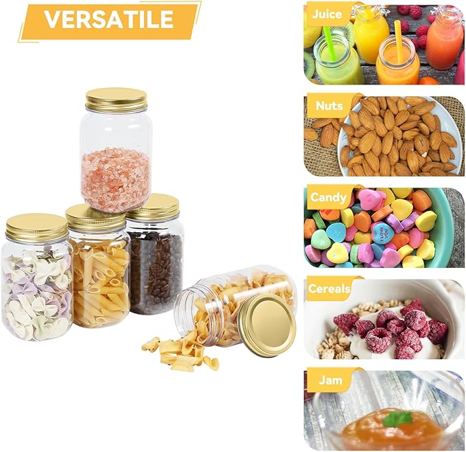 novelinks 16 oz Clear Plastic Jars with Lids, Refillable 16oz Mason Jars with Lids & Storage Containers for Kitchen & Household Use (20 Pack,Gold)