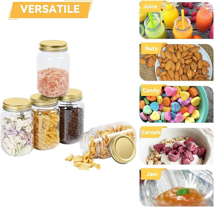 novelinks 16 oz Clear Plastic Jars with Lids, Refillable 16oz Mason Jars with Lids & Storage Containers for Kitchen & Household Use (20 Pack,Gold)