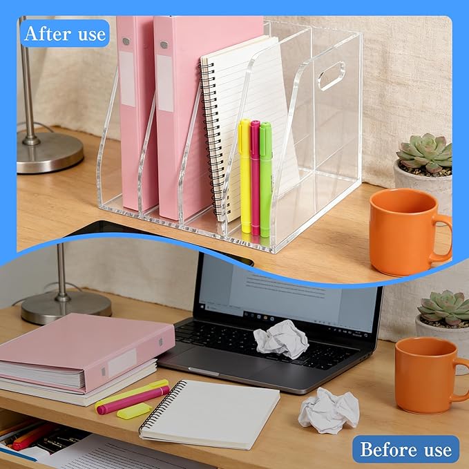 4-Tier Clear Acrylic File Holder, Vertical Document Organizer for Magazines, Binders, Notebooks & Envelopes - Multi-Purpose Desk Storage for Home Office（B5,4 Sections）