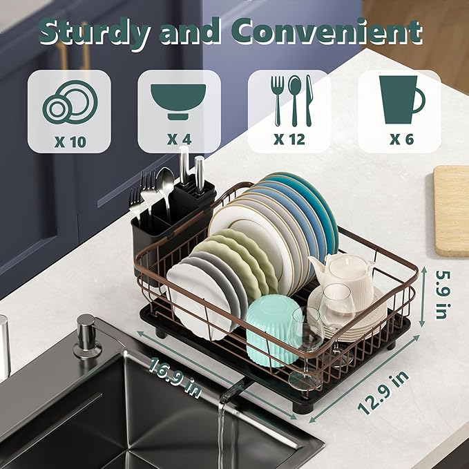 AIDERLY Iron Dish Drying Rack with Drainboard Dish Drainers for Kitchen Counter Extendable Spout Strainers with Utensil Holder and Knife Slots, Brown