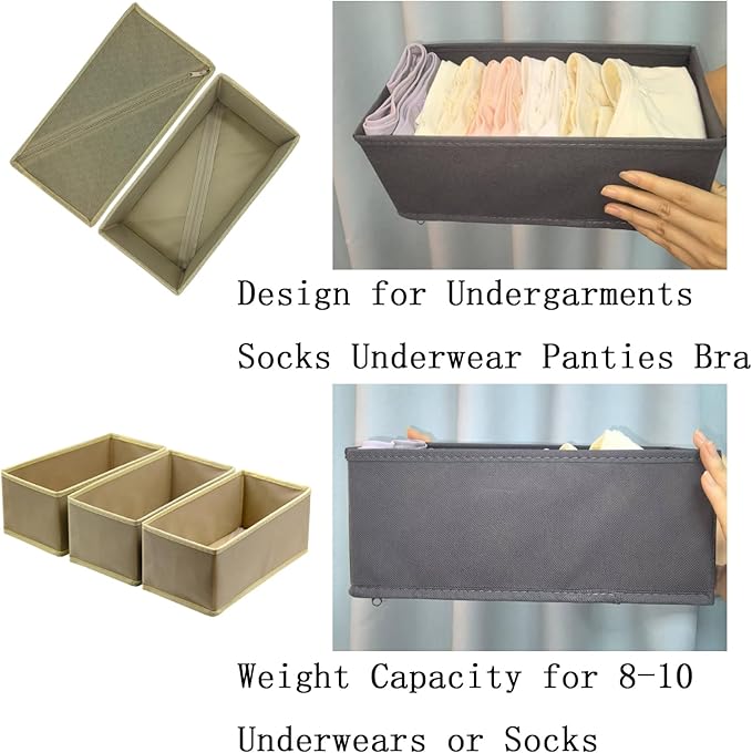 Drawer Organizer Set of 3, Foldable Fabric Storage Boxes 11"x5.5"x4.8", Underwear Socks Dividers for Dresser Closet Wardrobe Bra Panty Leggings, Khaki