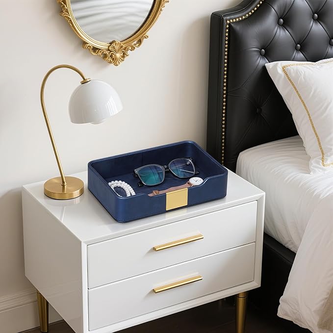 MEIBOOCH 10.2" x 6.7" Nightstand Organizer Tray with Gold Accent, Decorative Valet Trays Cologne Organizer for Men, Key Bowl Perfume Trinket Tray for Dresser Bedside Entryway Table (Navy Blue)