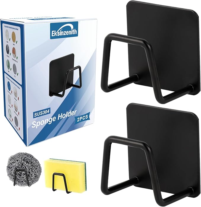 Eksinzenith 2Pcs Sponge Holder for Kitchen Sink, Strong Adhesive Sponge Holder for Sink Counter, Dish Sponge and Brush Organization Holder, Premium SUS304 Stainless Steel Rust Proof Waterproof-Black