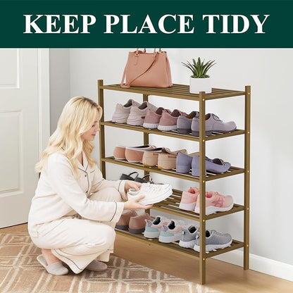 Smiry Bamboo Shoe Rack 5-Tier, Stackable Wooden Shoe Organizer for Entryway & Closet, Free Standing Wood Shoe Storage Shelf for Front Door & Small Spaces, Walnut