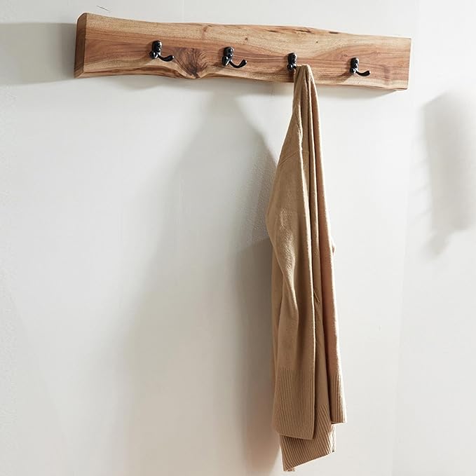 Alpine Natural Live Edge Wood 36-Inch Coat Rack – Wall-Mounted with 4 Durable Black Metal Hooks and Clear Finish for Entryway, Hallway, or Mudroom by Alaterre Furniture