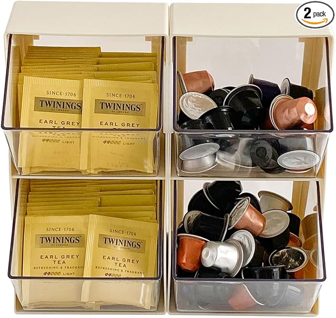 2 Pack Coffee Pod Holder, Creamer Holder for Coffee Bar, Plastic Sugar Organizer for Station, Kitchen Pantry, Home Office Storage Bins for K Cups, Tea Bags, Candy, Snacks (White)