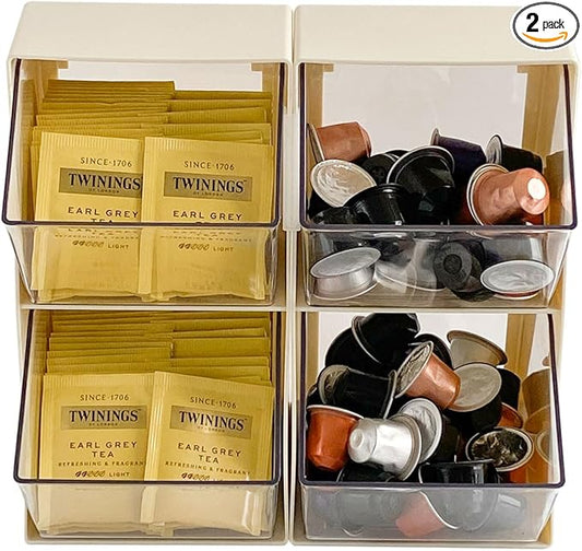 2 Pack Coffee Pod Holder, Creamer Holder for Coffee Bar, Plastic Sugar Organizer for Station, Kitchen Pantry, Home Office Storage Bins for K Cups, Tea Bags, Candy, Snacks (White)