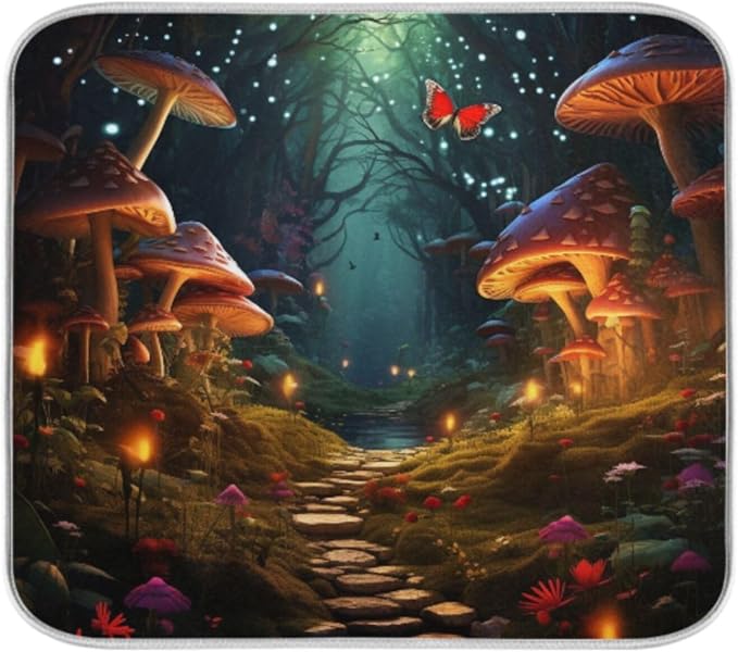Beautiful Fairyland Road to Forest Big Mushroom Microfiber Dish Drying Kitchen Countertop Table Protector Multipurpose Counter Rack Sink Drainer Pad (16" x 18")