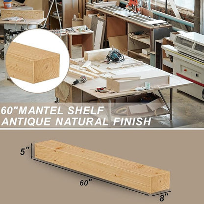 ROOMTEC Fireplace Mantel,60" Wood Floating Fireplace Shelves,Wall Mounted Wooden Display Shelving,Handcrafted Wood Brack,Natural Mantels Over Fireplace | 60" x 8" x 5"-Clear Varnished Natural Wood