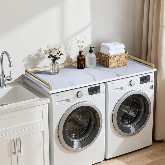 Washer Dryer Countertop, 27.5" D x 54" W Wood Washer Dryer Shelf Topper with 2.6" H Metal Edge and Anti-Skid Pads, for Laundry Room Storage and Organization, Folding Clothes(White)