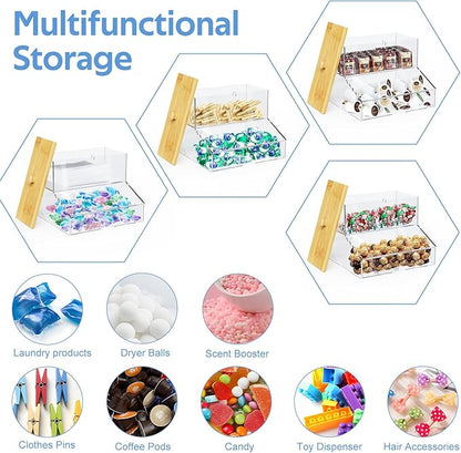 JYPS 2-in-1 Laundry Organizer with Large Capacity: Double-Layer Transparent Acrylic Storage Box with Bamboo Lid for Pods, Dryer Sheets & Supplies