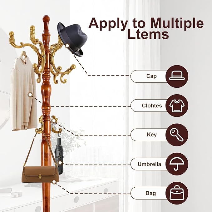 Solid Wood Coat Rack – Freestanding Coat Racks Stand with Hooks & Stable Base, Adjustable Height Modern Wooden Hall Tree for Entryway, Bedroom, Office, Home (H12 Begonia)