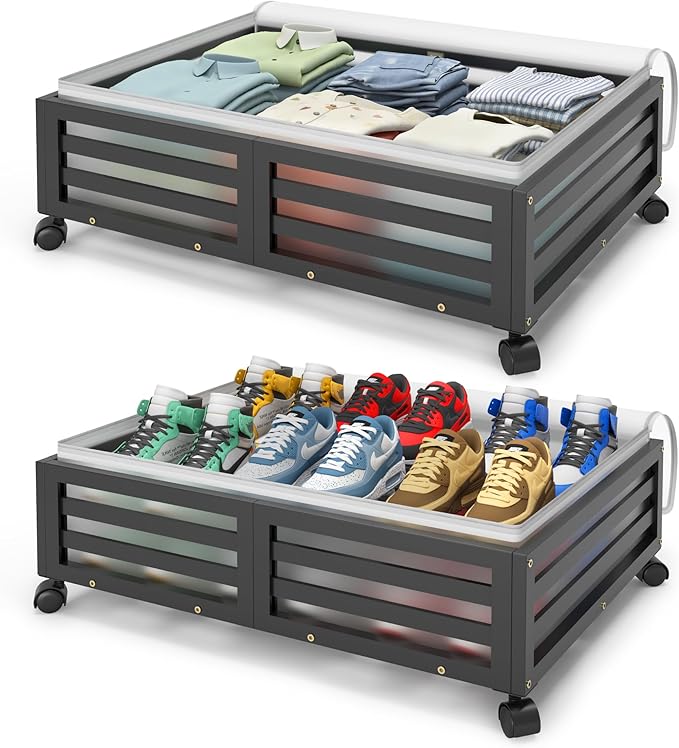 Wisuce Home Under Bed Storage Containers With Wheels - 2 Pcs Bamboo Wood Rolling Underbed Shoe Storage Bins With Dust Bags for Clothes Blankets, Duvet Covers Snacks Toys (Black)