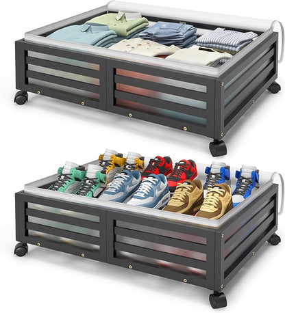 Wisuce Home Under Bed Storage Containers With Wheels - 2 Pcs Bamboo Wood Rolling Underbed Shoe Storage Bins With Dust Bags for Clothes Blankets, Duvet Covers Snacks Toys (Black)