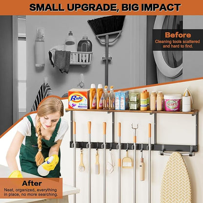 Broom Holder Wall Mount with Cleaning Supplies Organizer, Laundry Room Organization and Storage Shelves with Ironing Board Holder, Mop Hanger Broom Rack with Hooks, Home Improvement Garage Organizer