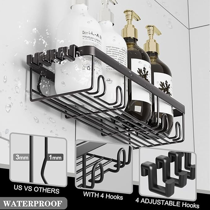 Posyla Shower Caddy, Bathroom Organizers, Black Shower Shelves for Inside with Soap Caddy & Toothbrush Holder, Stainless Steel Wall Rack Baskets Adhesives Mounted(5 PCS)