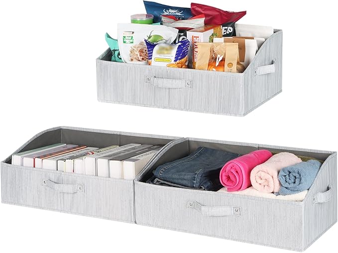 KEEGH Closet Baskets and Storage Bins for Shelves Linen Closet Shelf Organizers and Storage Box Trapezoid Storage Bins Shelf Baskets with Handles for Closet Organization (Grey, 3 Pack)