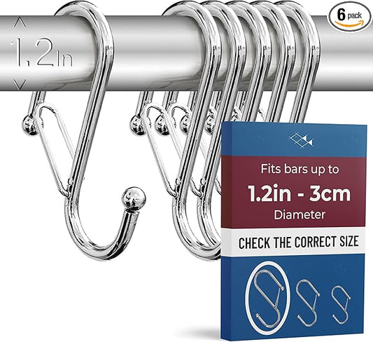 Blau Marité 6-Pack Metal S Hooks for Hanging – Heavy-Duty S-Shaped Hook with Safety Buckle – Fits Bars up to 1.2 in – Anti-Drop S-Hooks for Closet, Wardrobes & Storage – Silver (Large)