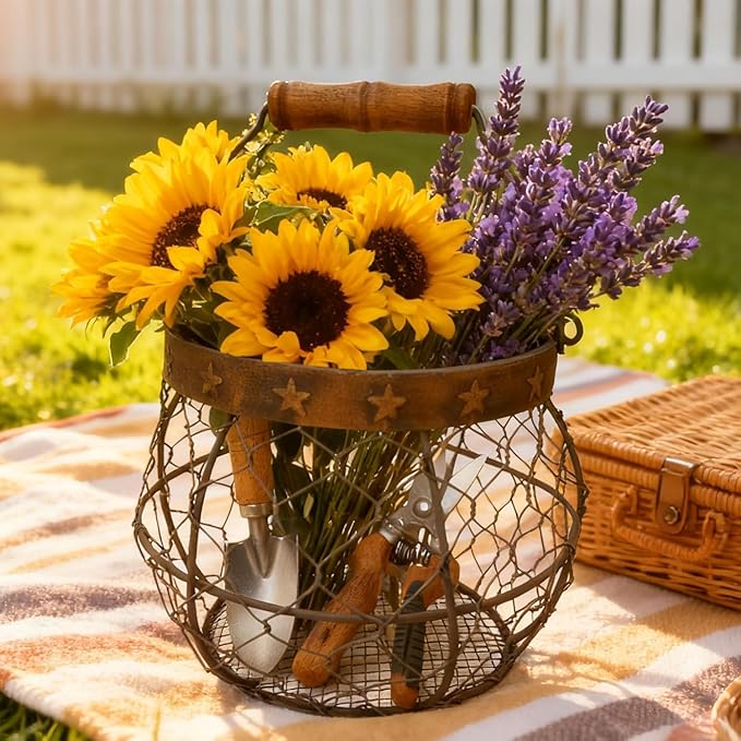 Chicken Wire Egg Basket for Gathering Fresh Eggs, Rustic Farmhouse Egg Collecting Basket with Handle Star Décor for Kitchen Storage Holder Organizer Easter Display Decoration | by TAIANLE