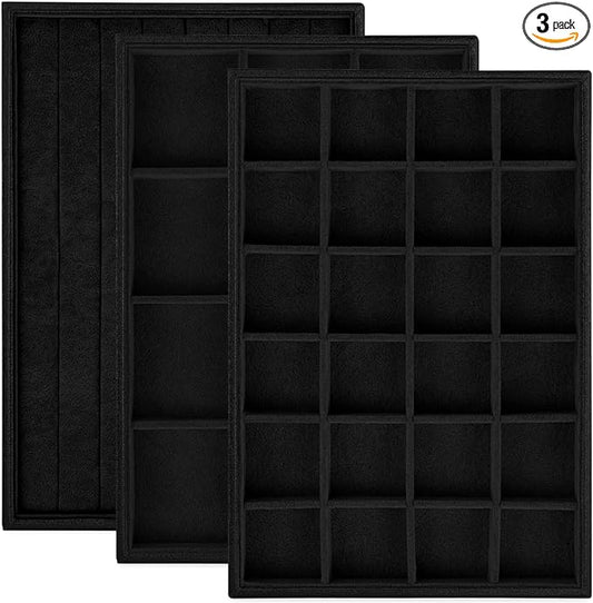 Rocutus Jewelry Trays,3 Pack Stackable Velvet Jewelry Organizer Tray Drawer Jewelry Storage Tray,Divided Ring Organizer Tray for Earrings, Necklaces, Bracelets,13.8"x9.5"x1.2" (Black)