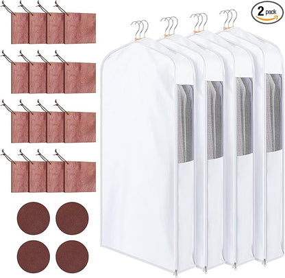 2 Set 40in Short Cotton Garment Bags, 6in Wide Gusset Hanging Storage Clothes with 8 Cedar Blocks, Transparent Mesh Window, Breathable Closet Bags for Fur Coat Suit Sweater Dress, White