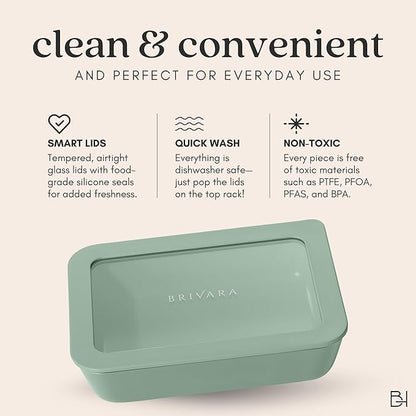 Ceramic Coated Glass Food Storage Container | No PTFE, PFOA, PFAS, and BPA | Reusable Non Toxic Meal Prep Container with Glass Lid | Easy To Store | 8 Cup Square [Willow]