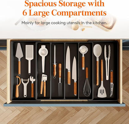 Lifewit Utensil Organizer for Kitchen Drawers, Expandable Cooking Utensil Tray, Adjustable Cutlery Silverware Flatware Holder, Plastic Spatula Tools and Gadgets Storage Divider, Black, 18"-30" x 18.5"