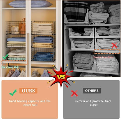 6-Tier Stackable Closet Organizers and Storage Shelves, Closet Shelf Organizer Basket Bins, Foldable Sweater Storage for Clothes Organizer System, Black（Patent Pending）