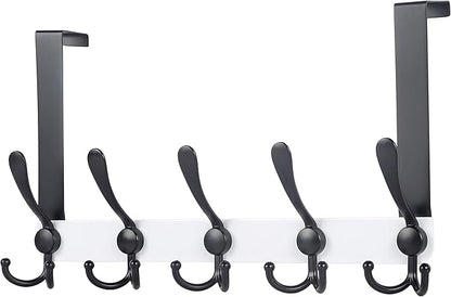 Dseap Over The Door Hook Hanger - Fits 1 3/8" to 1 3/4" Standard Doors | 5 Tri Hooks Heavy Duty Towel/Coat Rack | Door Organizer for Clothes, Jackets, Hats, Towels, White & Black