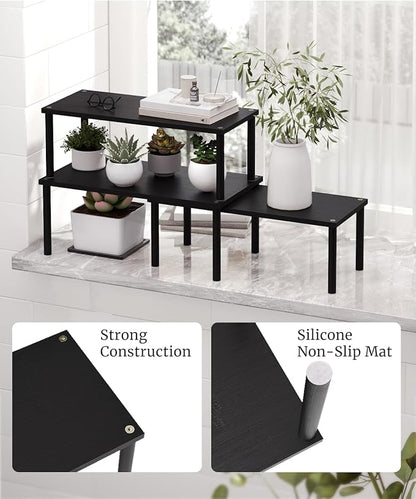 Cabinet Organizer Shelf(Set of 3),Bamboo Kitchen Counter Shelves for Countertop and Cabinet,Stackable Shelf Spice Racks,Large(Black)