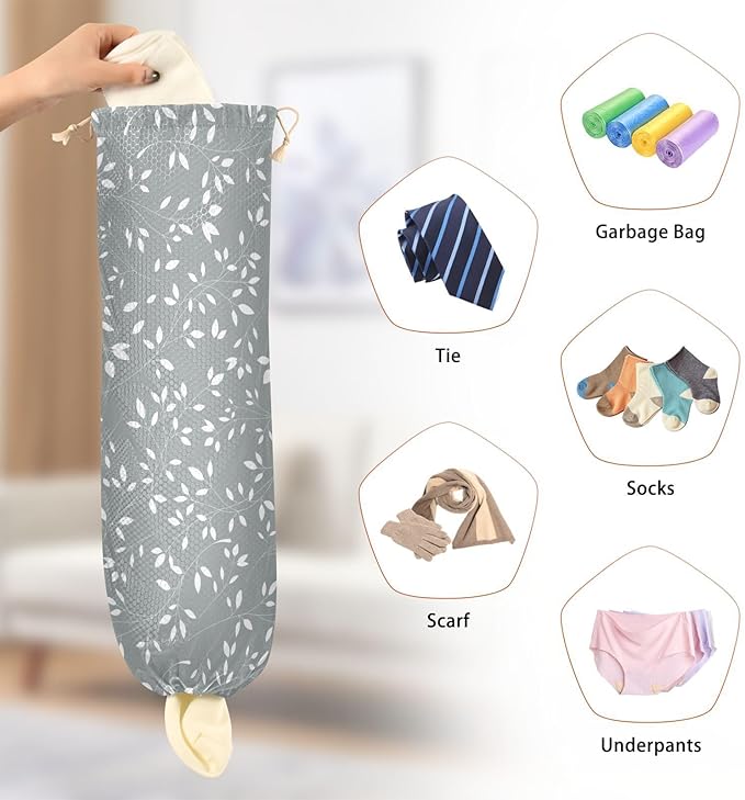 1 PC Plastic Bag Holder Wall Mount Grocery Bag Holder Shopping Bag Trash Bag Storage Organizer Dispenser for Kitchen Closet 22 x 9 Inch Leaves Grey