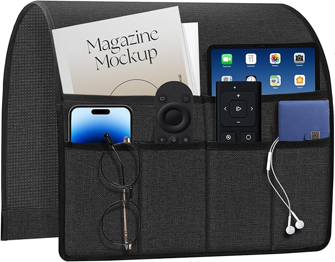 HAPLIFEZ Remote Holder for Recliner Armchair & Couch, Non Slip Sofa Armrest Organizer Caddy with 6 Pockets Thick Linen Fabric Storage for Tablet, Phone, iPad, Magazine, 19x35 Inches, Dark Grey