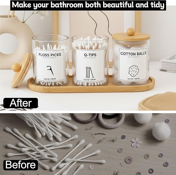 GYOSUGANG 3 PCS Qtip Holder for Bathroom, Cotton Ball Holder with Tray, Bathroom Organizers and Storage, Bathroom Jars for Floss Picks, Cotton Swabs, Balls, Pads(Clear)