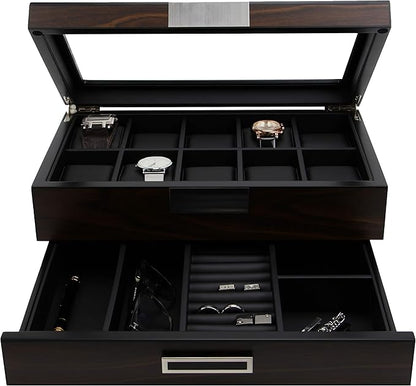 Decorebay Executive Wooden Watch Box Valet Box Sunglasses and Jewelry Box Storage Organizer (Sweetheart) (Brown)