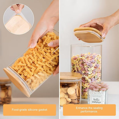 YUNCANG Glass Storage Jars 27oz [Set of 6],Clear Glass Food Storage Containers with Airtight Bamboo Lid Stackable Kitchen Canisters for Candy,Cookie,Rice,Sugar,Flour,Pasta(Square)