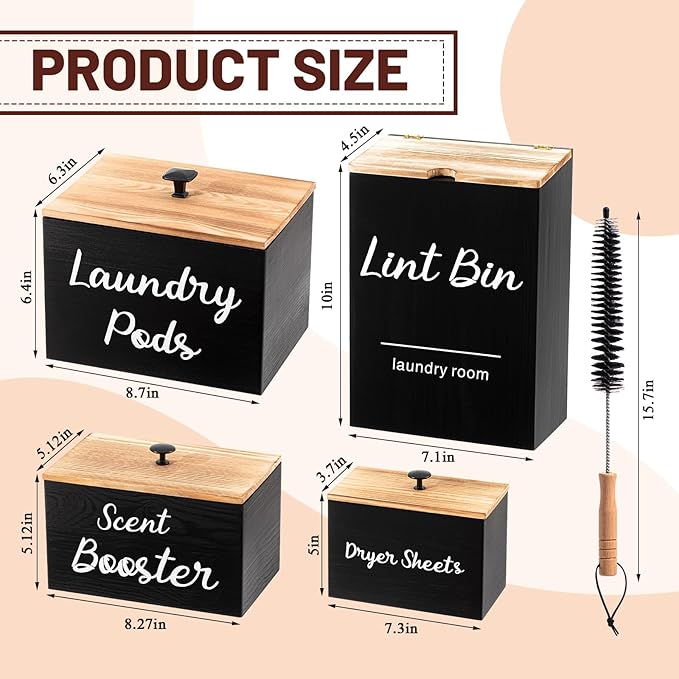 Dandat 4 Pcs Laundry Room Organization and Storage, Dryer Sheet Holder Laundry Pod Holder Scent Booster Container Magnetic Lint Bin with Scoop and Brush Wood Farmhouse Room Container(Black)