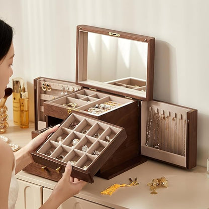 CHOSIN Black Walnut Wooden Jewelry Box, 4-Layer Lockable Wood Jewelry Organizer with Mirror, Side Doors & Brass Handle, Classical Design for Rings, Necklaces, Earrings, Watches, Christmas Gifts