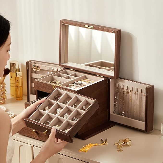 Homruilink Black Walnut Wooden Jewelry Box, Wood Jewelry Organizer with 2 Side Doors Mirror Lockable Classical Style for Watch Necklace Ring Earring Storage Christmas Gifts-4 Layer