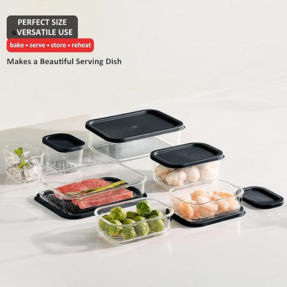 EATEX 14 Pack Glass Meal Prep Containers with Grooved Base, 14 Stackable BPA Free Glass Storage Containers with Lids for Lunch, Pantry, and Kitchen - Microwave, Dishwasher Freezer & Oven Safe - Black