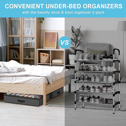 Under Bed Shoe Storage Organizer for Closet, Fits 32 Pairs Underbed Shoes Box Storage Containers Under the Bed Storage Foldable with Sturdy Handles&Clear Window for College Dorms Grey, Set of 2