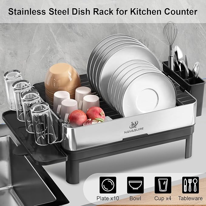 NAVASURE Dish Drying Rack | Stainless Steel Dish Rack for Kitchen Counter, Space Saving | Dish Drainer with Drainage & Utensil Holder | Escurridor de Platos para Fregadero (Black)