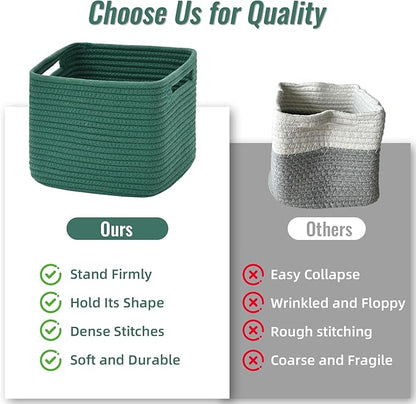 3 Pack Cube Storage Bin, 9”x9”x7” Cotton Rope Woven Baskets for Organizing Toys Clothes Towels, Square Gift Storage Baskets for Shelf, Nursery, Closet, Bathroom, Pantry (Green)
