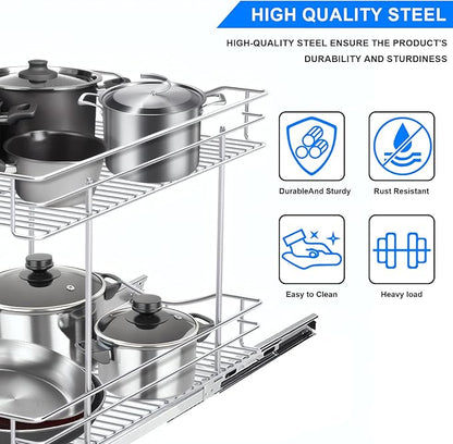 FULGENTE Chrome Finish 2 Tier (17" W X 18" D) Pull Out Drawer Cabinet Organizer Heavy Duty Slide Out Pantry Shelves Sliding Basket Storage For Home Kitchen Bathroom Under Sink Organization
