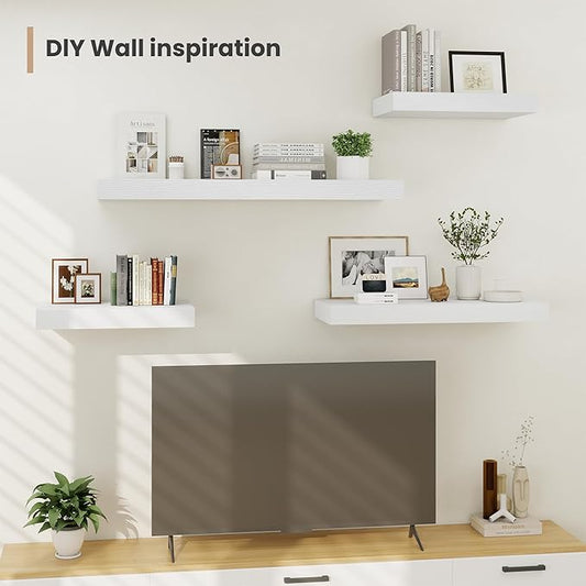 Heimlove 12" Deep Floating Shelves, 36 x 12 Inch Wall Mounted Long Floating Shelf with Invisible Brackets, for Home Decor, Bedroom, Kitchen, Living Room, Bathroom - 2 Pack, White