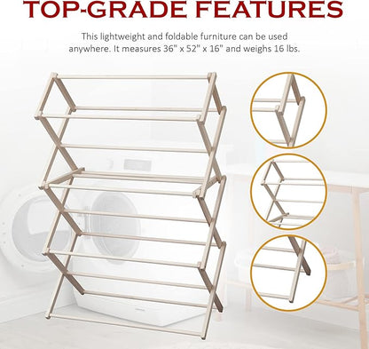 Peaceful Classics Wooden Laundry Rack - Amish Handmade Wooden Clothes Drying Rack - Foldable Drying Rack for Towel, Blanket, Linen Household Essentials - for Indoor Or Outdoor Use (52" x 36" x 16")