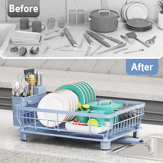 Ricobes Dish Drying Rack - Space Saving Dish Rack - Dish Racks for Kitchen Counter with Drainboard,Rustproof Dish Drainer with Removable Utensil Holder,Blue