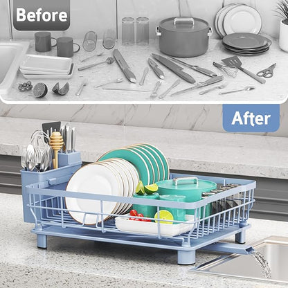 Ricobes Dish Drying Rack - Space Saving Dish Rack - Dish Racks for Kitchen Counter with Drainboard,Rustproof Dish Drainer with Removable Utensil Holder,Blue