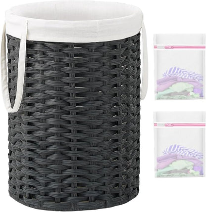 Laundry Hamper Laundry Basket Round 19.0 Gal (72 L) Handwoven Rattan Hamper, Large Wicker Laundry Hamper with Removable Laundry Bag Handles 2 Mesh Bags for Bathroom Living Room Black (No Lid)