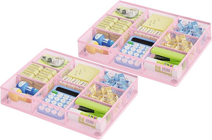 Marbrasse 2P Pink Desk Drawer Organizer, Metal Mesh Drawer Organizer Tray with 5 Adjustable Compartments,Desk Organizers and Accessories for Home,Office,Kitchen,Makeup,Vanity (Pink)